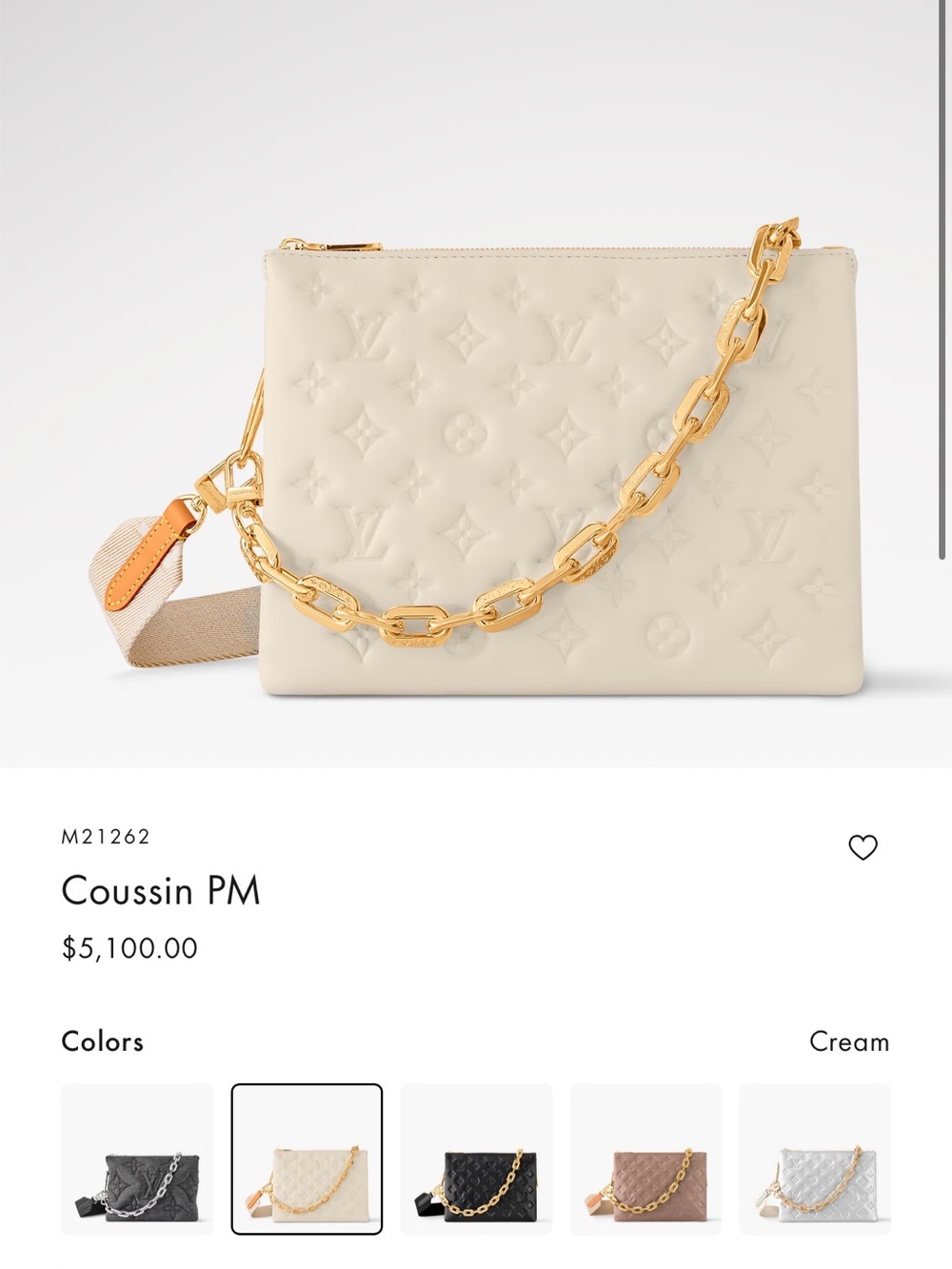 Louis Vuitton Cream Coussin PM Crossbody Bag with Gold Chain & adjustable strap